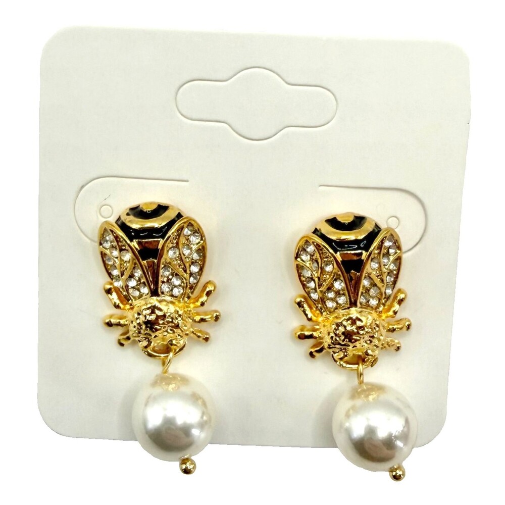 18K Gold Plated Pearl Bumble Bee Stud Earrings Rhinestone Enamel Silver Post NEW